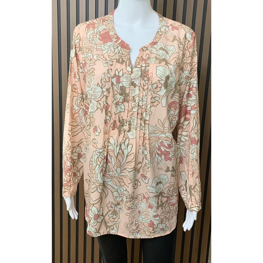 Coldwater Creek Women's Floral Pintuck Tunic Blouse 1X Pink Long Sleeve